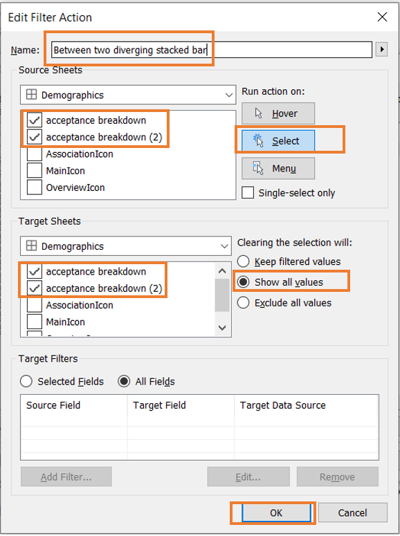 Adding action to filter between two diverging stacked bar