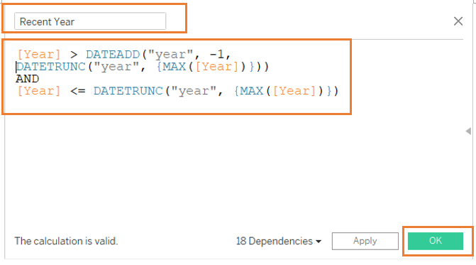 Create calculated field, Recent Year