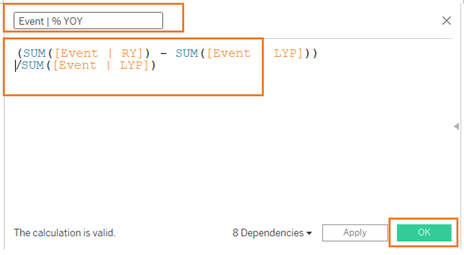 Create calculated field, Event | % YOY