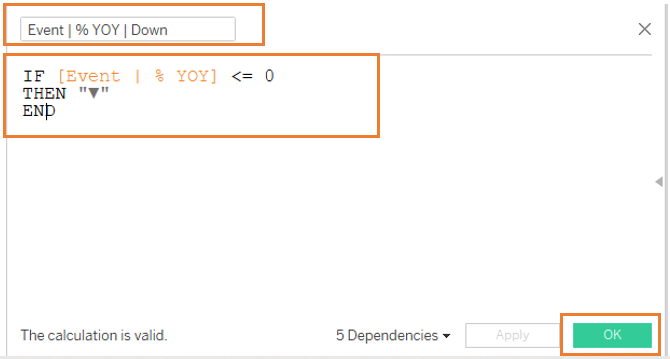 Create calculated field, Event | % YOY | Down