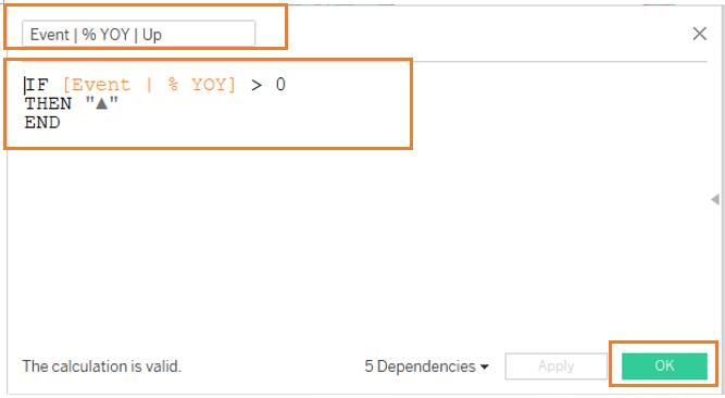 Create calculated field, Event | % YOY | Up