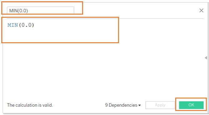 Create calculated field, MIN(0.0)