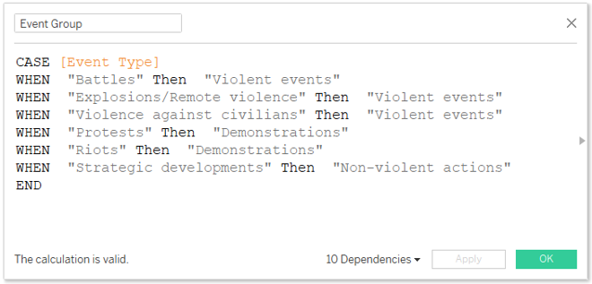 Create calculated field, Event Group