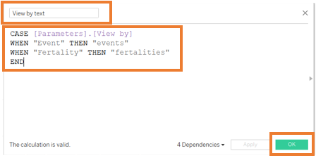 Create calculated field, View by text